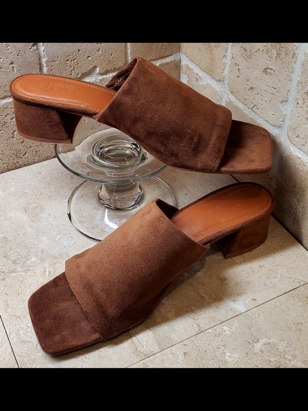 ASOS Design Nyla Heeled Mule Square Toe Sz8 Brown  Vegan Suede Slide Pump Sandal